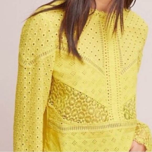 James Coviello Burnham, Lace, Yellow, Long Sleeve, Eyelet, High Neck, Top, XS - Picture 3 of 10